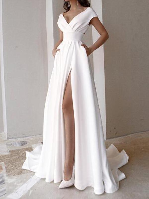 Solid Color Side Slit Pockets V Neck Short Sleeve Maxi Dress Women Fashion Wedding Dress