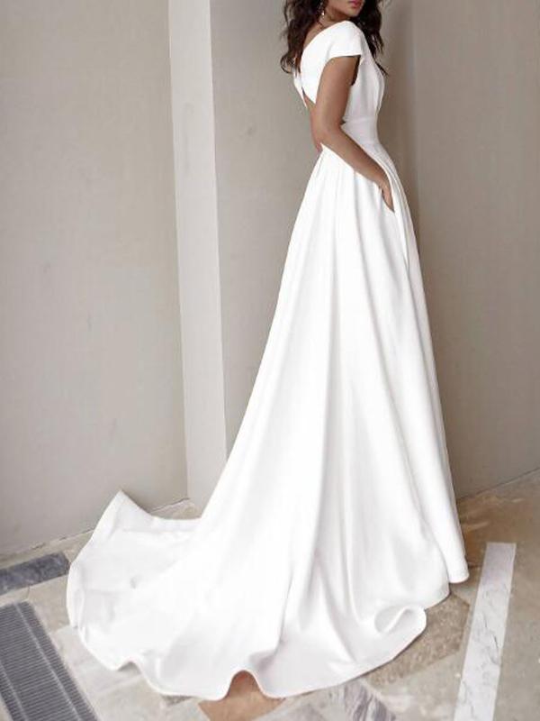 Solid Color Side Slit Pockets V Neck Short Sleeve Maxi Dress Women Fashion Wedding Dress