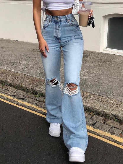 Destroyed Buttons Pockets Zipper Flare Pants Long High Waist Flare Women Fashion Jeans