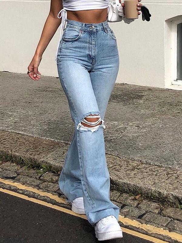 Destroyed Buttons Pockets Zipper Flare Pants Long High Waist Flare Women Fashion Jeans