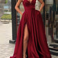 Draped Spaghetti Straps V-Neck Slit Elegant Maxi Dress Evening Dress