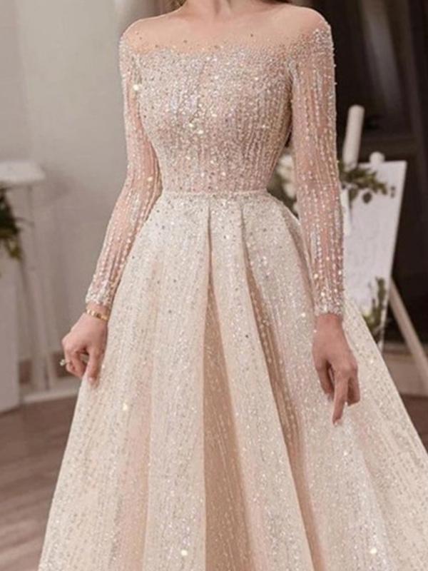 Patchwork Glitter Off Shoulder Boat Neck Long Sleeve A-Line Midi Dress Women Fashion Elegant Dress