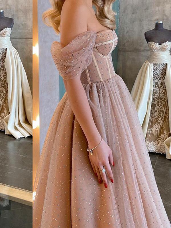 Sequin Pleated Off Shoulder Boat Neck Short Sleeve Women's Maxi Dresses Evening Dress