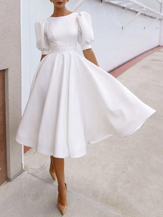 Cut Out Backless Round Neck Short Sleeve Lantern Sleeve A-Line Midi Dress Women Fashion Elegant Dress