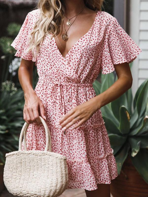 Floral Print Pleated V Neck Short Sleeve Mini Dress A Line Women'S Fashion Casual Dress