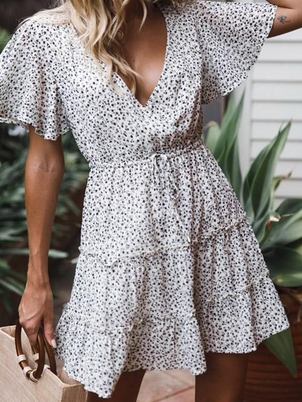 Floral Print Pleated V Neck Short Sleeve Mini Dress A Line Women'S Fashion Casual Dress