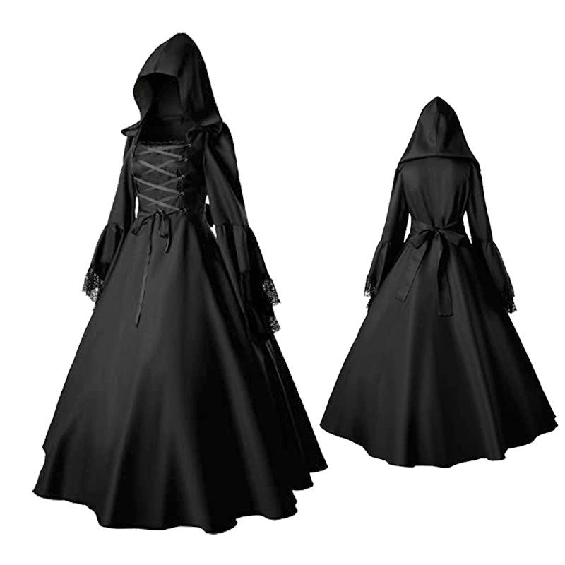 Seindeal Women's Gothic Victorian Witch Vampire Renaissance Long Maternity Halloween Dress Cosplay Hooded Costume for Evening Party