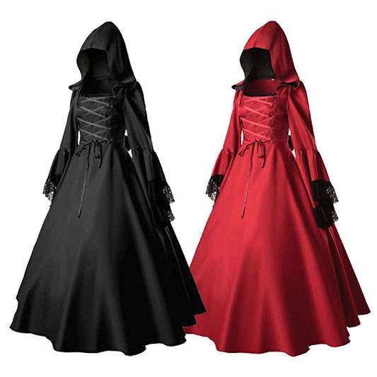 Seindeal Women's Gothic Victorian Witch Vampire Renaissance Long Maternity Halloween Dress Cosplay Hooded Costume for Evening Party