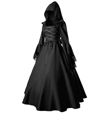 Seindeal Women's Gothic Victorian Witch Vampire Renaissance Long Maternity Halloween Dress Cosplay Hooded Costume for Evening Party