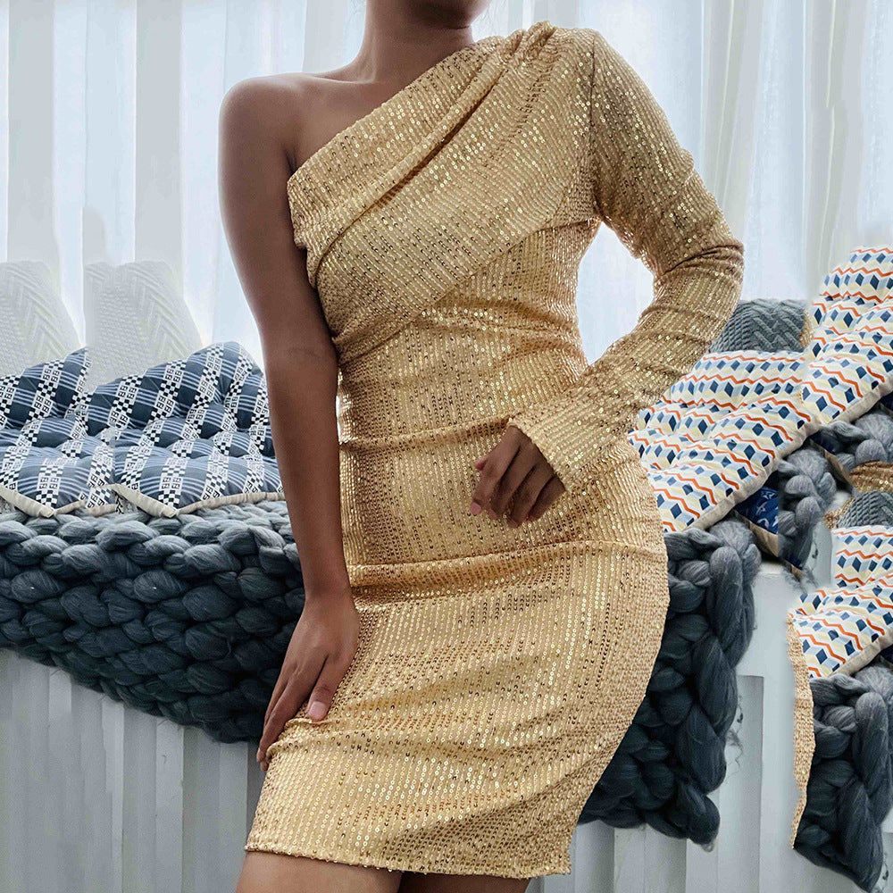 Seindeal Sequin One Shoulder Bodycon Boat Neck Long Sleeve Side Slit Sleeveless Irregular Maternity Midi Dress