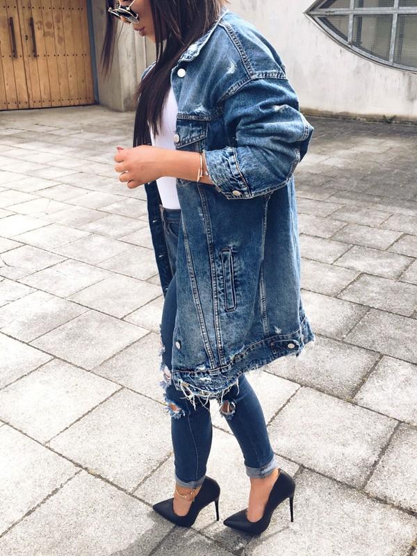 Seindeal Blue Pockets Single Breasted Ripped Long Sleeve Boyfreind Oversize Long Denim Jacket Denim Coat Women