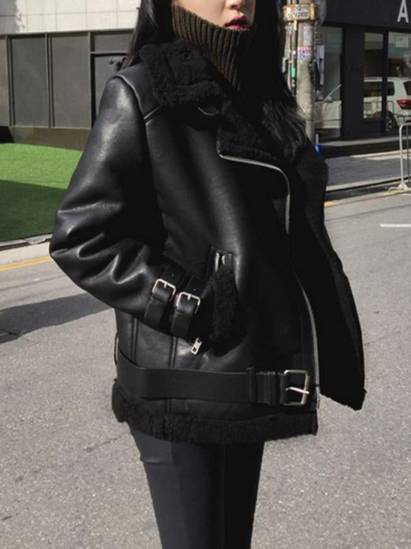 Seindeal Black Pockets Zipper Belt Suede Coat With Fur Teddy Lining Biker Jacket Women Fashion