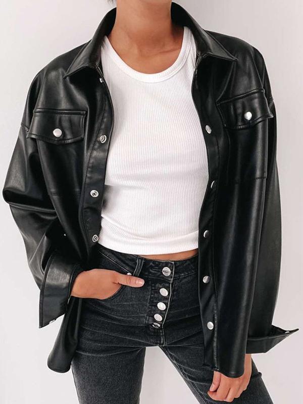 Black Button Turn Down Collar Long Sleeve Casual Short Women's Leather Jacket