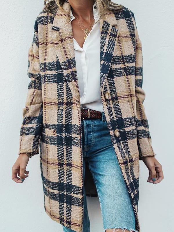 Seindeal Women's fashion winter coat wool coat plaid single-breasted