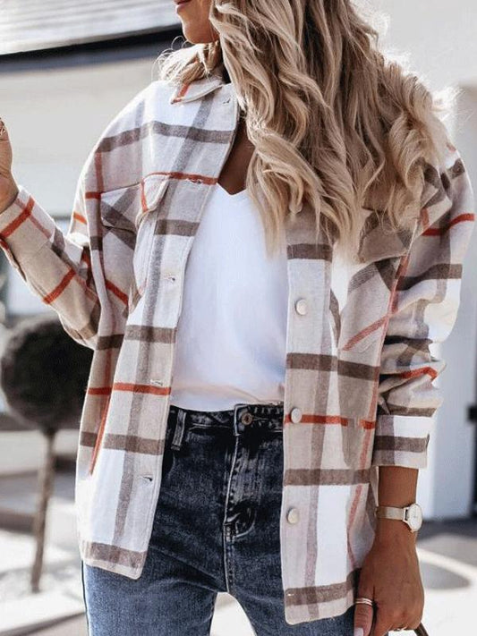 Checkered single-breasted turn-down collar long-sleeved ladies shirt jacket lumberjack jacket