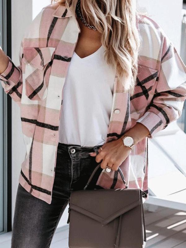 Checkered single-breasted turn-down collar long-sleeved ladies shirt jacket lumberjack jacket