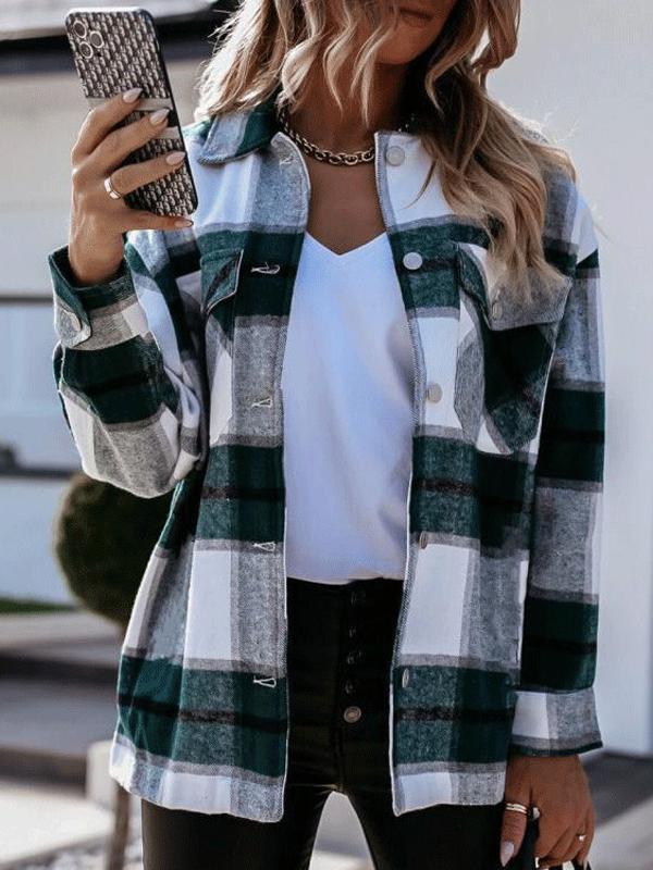 Checkered single-breasted turn-down collar long-sleeved ladies shirt jacket lumberjack jacket