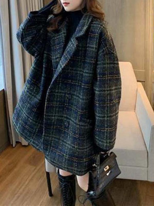 Seindeal Wool Coat Checkered Buttons Oversize Retro Ladies Fashion