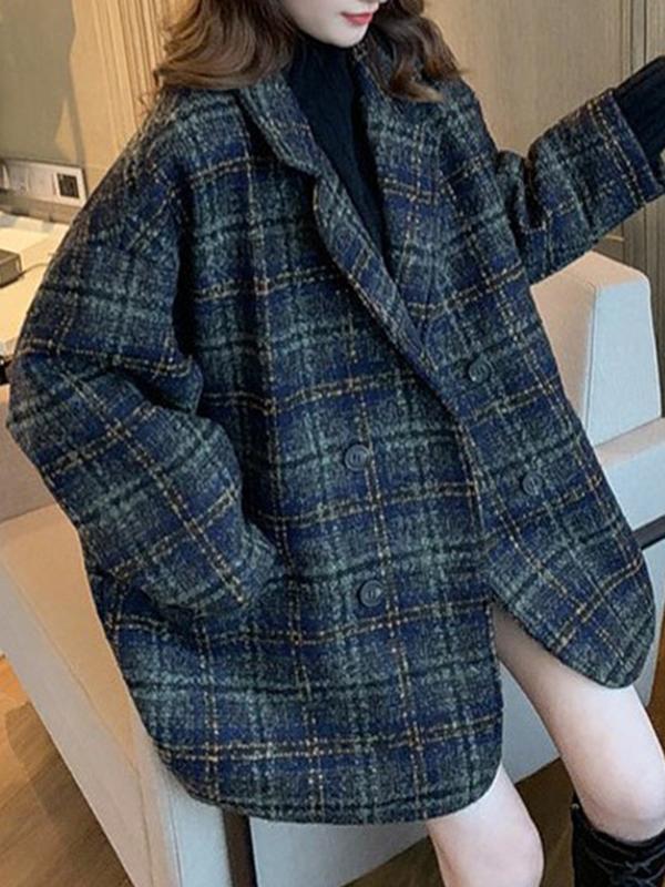 Seindeal Wool Coat Checkered Buttons Oversize Retro Ladies Fashion