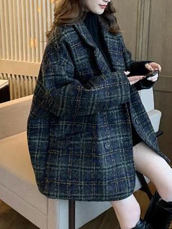 Seindeal Wool Coat Checkered Buttons Oversize Retro Ladies Fashion