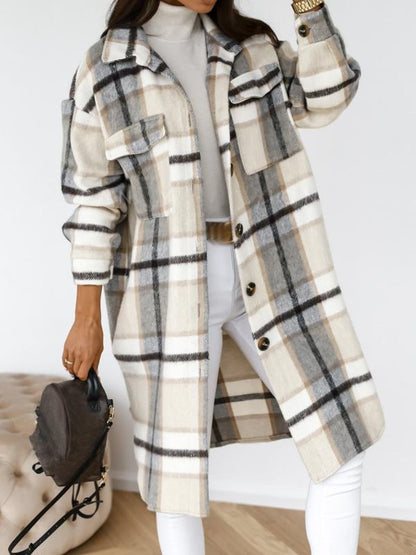 Checkered button pockets long warm coat women wool coat winter coat