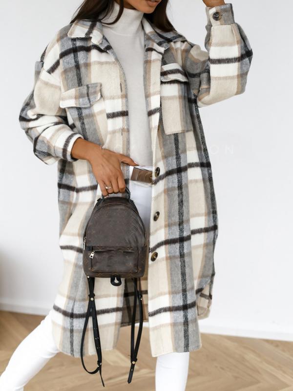 Checkered button pockets long warm coat women wool coat winter coat