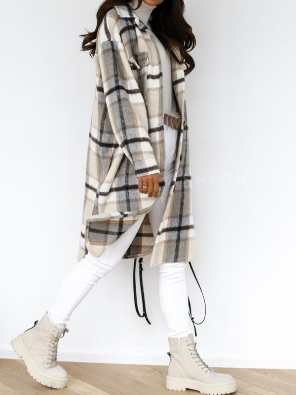 Checkered button pockets long warm coat women wool coat winter coat