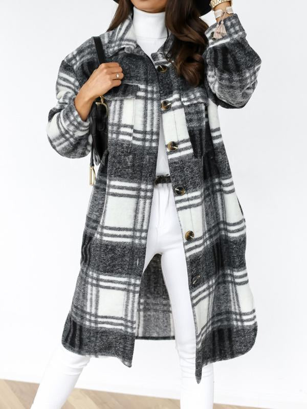 Checkered button pockets long warm coat women wool coat winter coat