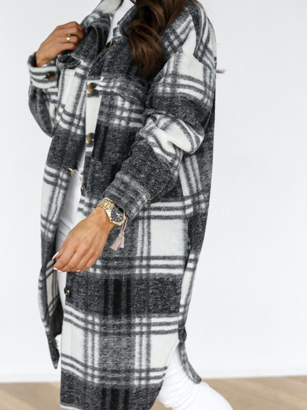 Checkered button pockets long warm coat women wool coat winter coat