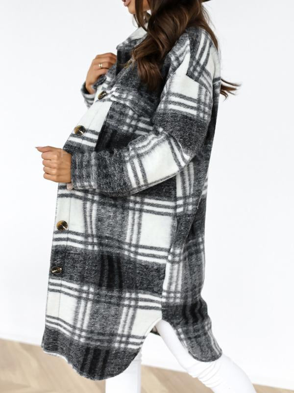 Checkered button pockets long warm coat women wool coat winter coat