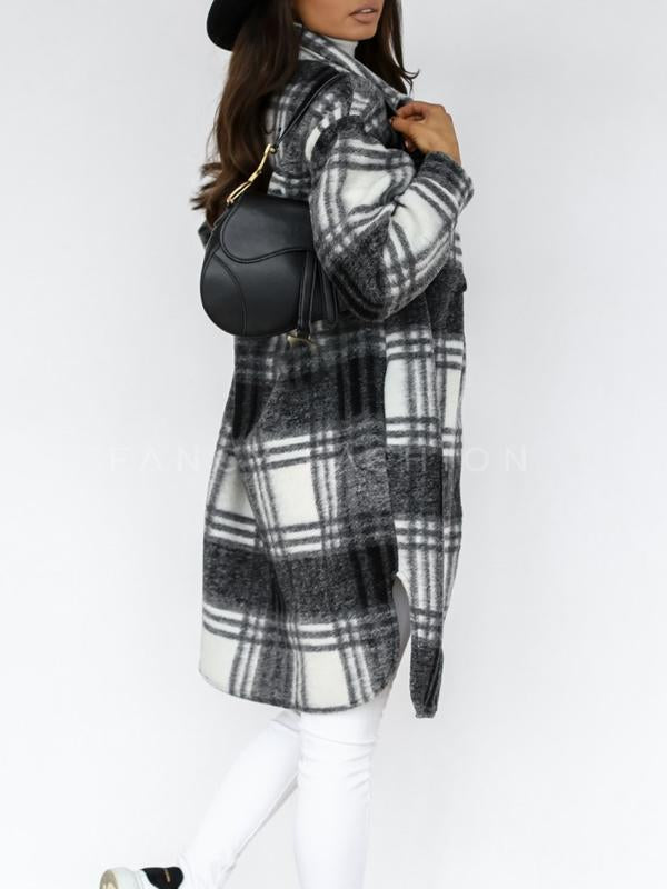 Checkered button pockets long warm coat women wool coat winter coat