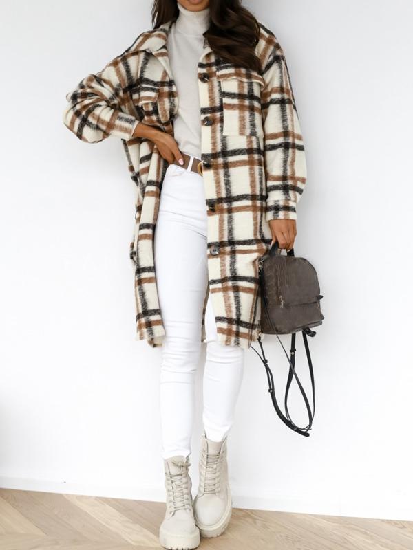 Checkered button pockets long warm coat women wool coat winter coat