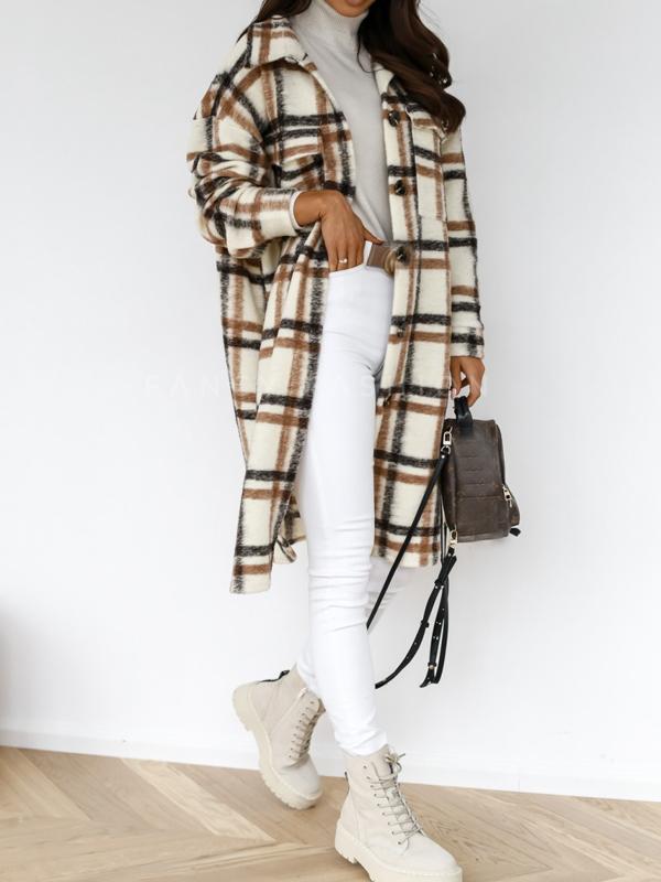 Checkered button pockets long warm coat women wool coat winter coat