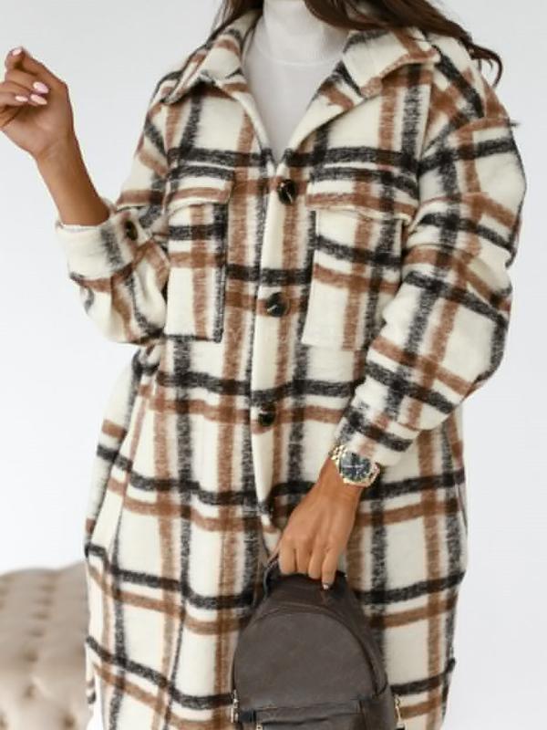 Checkered button pockets long warm coat women wool coat winter coat