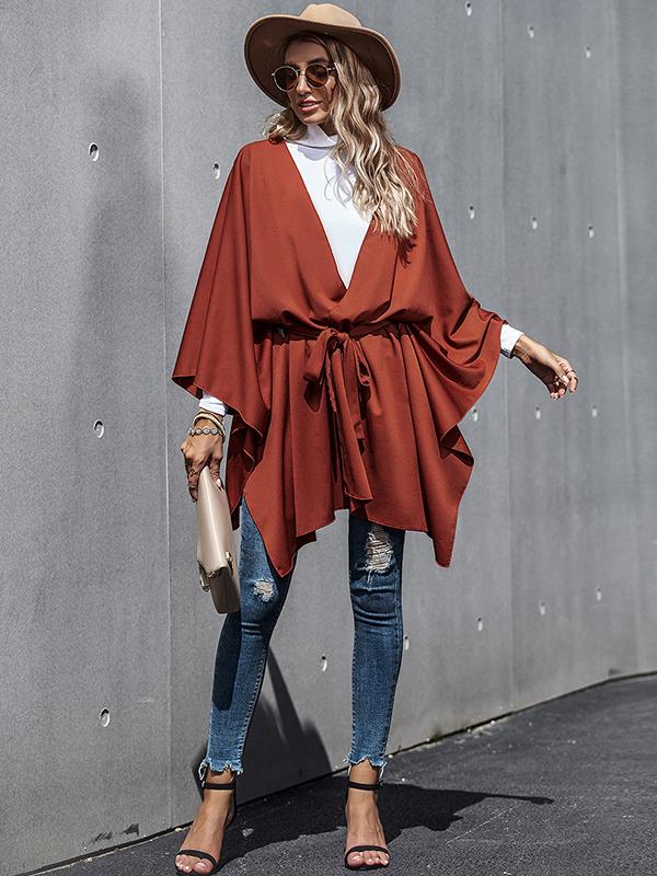 Seindeal Women's fashion cape poncho coat tie belt irregular