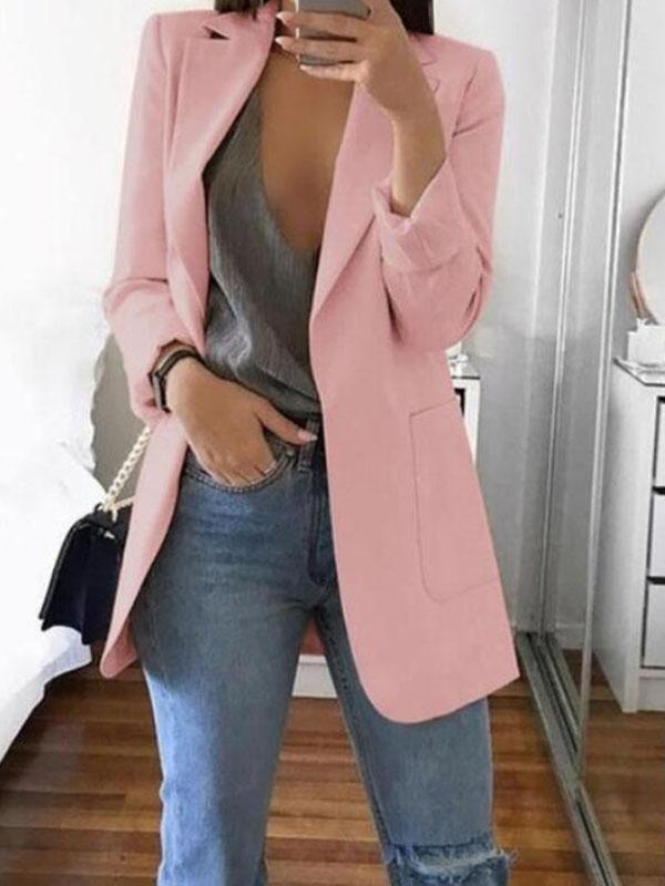 Solid Color Turn-Down Collar Long Sleeve Long Ladies Fashion Blazer