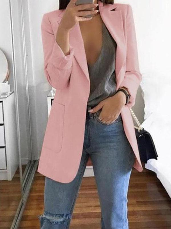 Solid Color Turn-Down Collar Long Sleeve Long Ladies Fashion Blazer