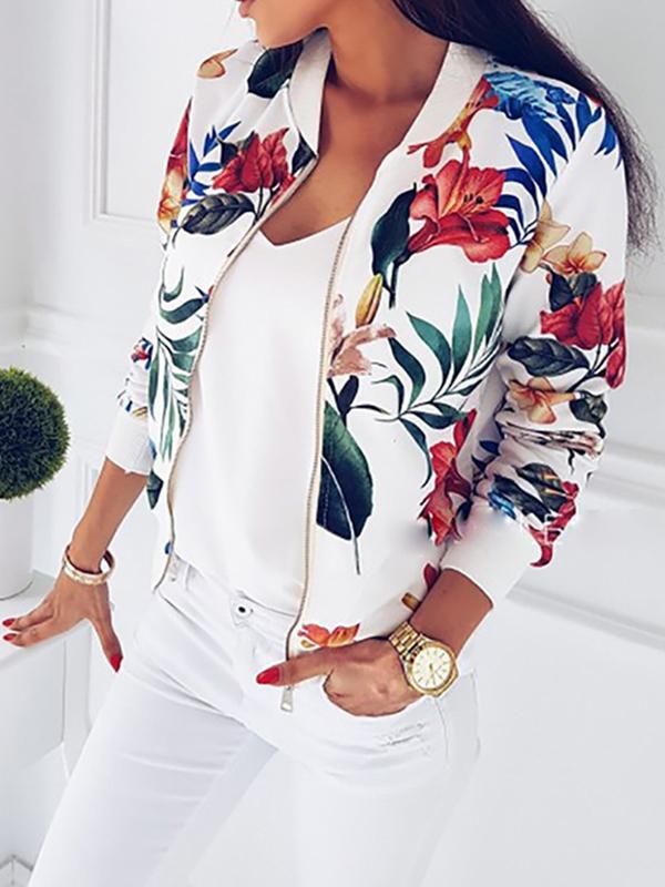 Flowers Colorful Zipper Casual Blouson Bomber Jacket Aviator Jacket Short Women Fashion