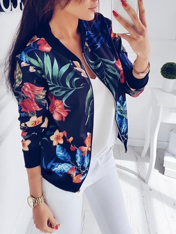 Flowers Colorful Zipper Casual Blouson Bomber Jacket Aviator Jacket Short Women Fashion