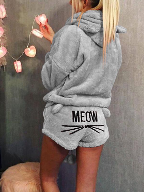 Seindeal Cats Print Cat Ears Pockets Animal Pajamas 2 Piece Cute Nightgown Hooded Ladies Plus Size