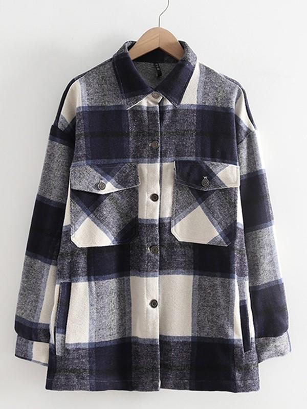 Seindeal Blue White Plaid Single Breasted Oversize Blouse Overshirt Shirt Jacket Lumberjack Jacket Flannel Shirt Jacket Women Fashion