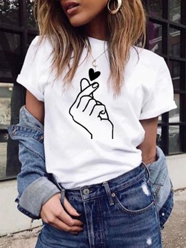 White Heart Love Print Round Neck Short Sleeve Women'S Casual Fashion T-Shirt Top Tops Cheap