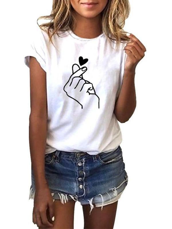 White Heart Love Print Round Neck Short Sleeve Women'S Casual Fashion T-Shirt Top Tops Cheap