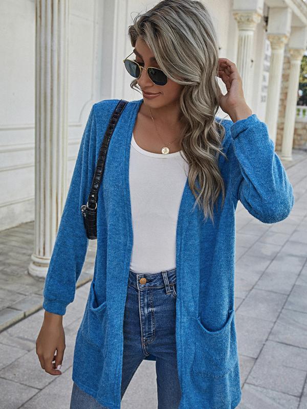 Solid Color Pockets Long Sleeve Long Ladies Fashion Cardigan