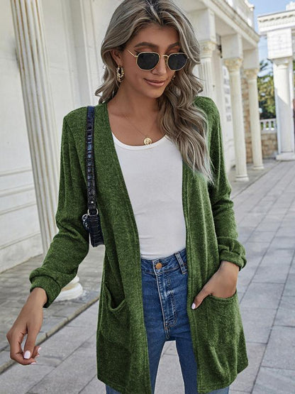 Solid Color Pockets Long Sleeve Long Ladies Fashion Cardigan