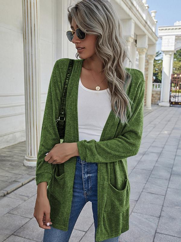 Solid Color Pockets Long Sleeve Long Ladies Fashion Cardigan