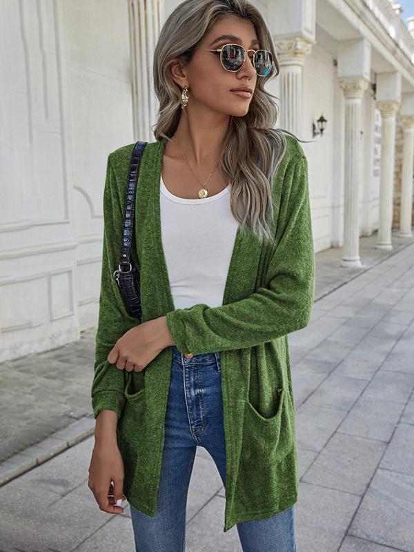 Solid Color Pockets Long Sleeve Long Ladies Fashion Cardigan