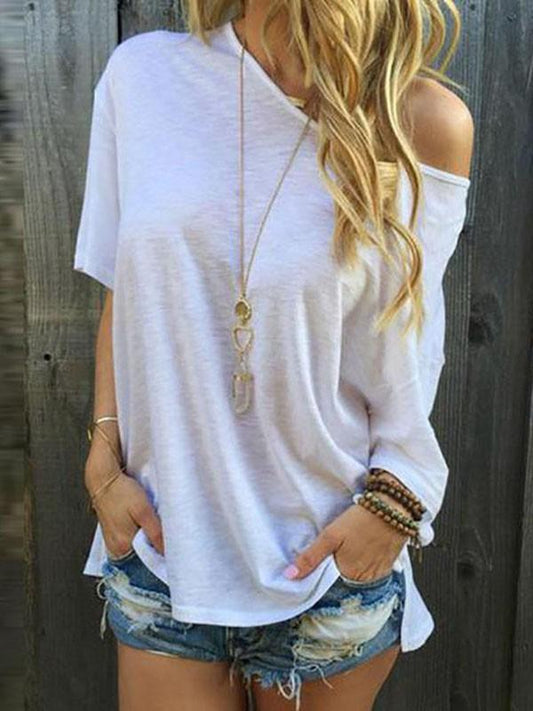 White Irregular One Shoulder Short Sleeve Oversize Casual Spring Summer T-Shirt Tops Tops Women