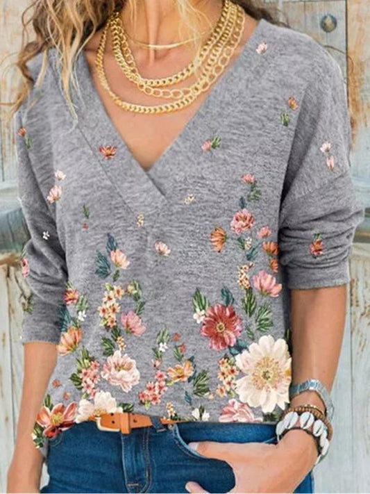 Floral Print V Neck Long Sleeve Casual T-shirt Long Women Top