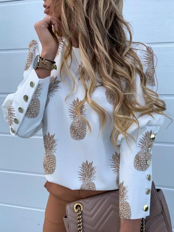 Print button print round neck long sleeve women t-shirt